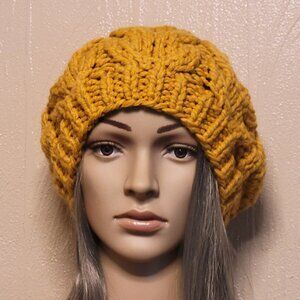 Wool Chunky Knit Beret, Oversized Beanie, Cable Knit Hat, Slouchy Beanie